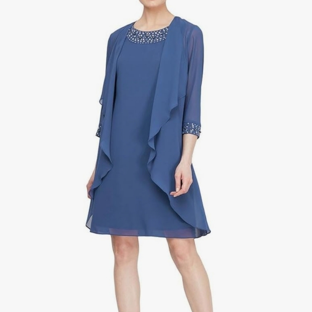 S.L. Fashions Women's Chiffon Tier Jacket Dress with Beaded Neck and Cuffs